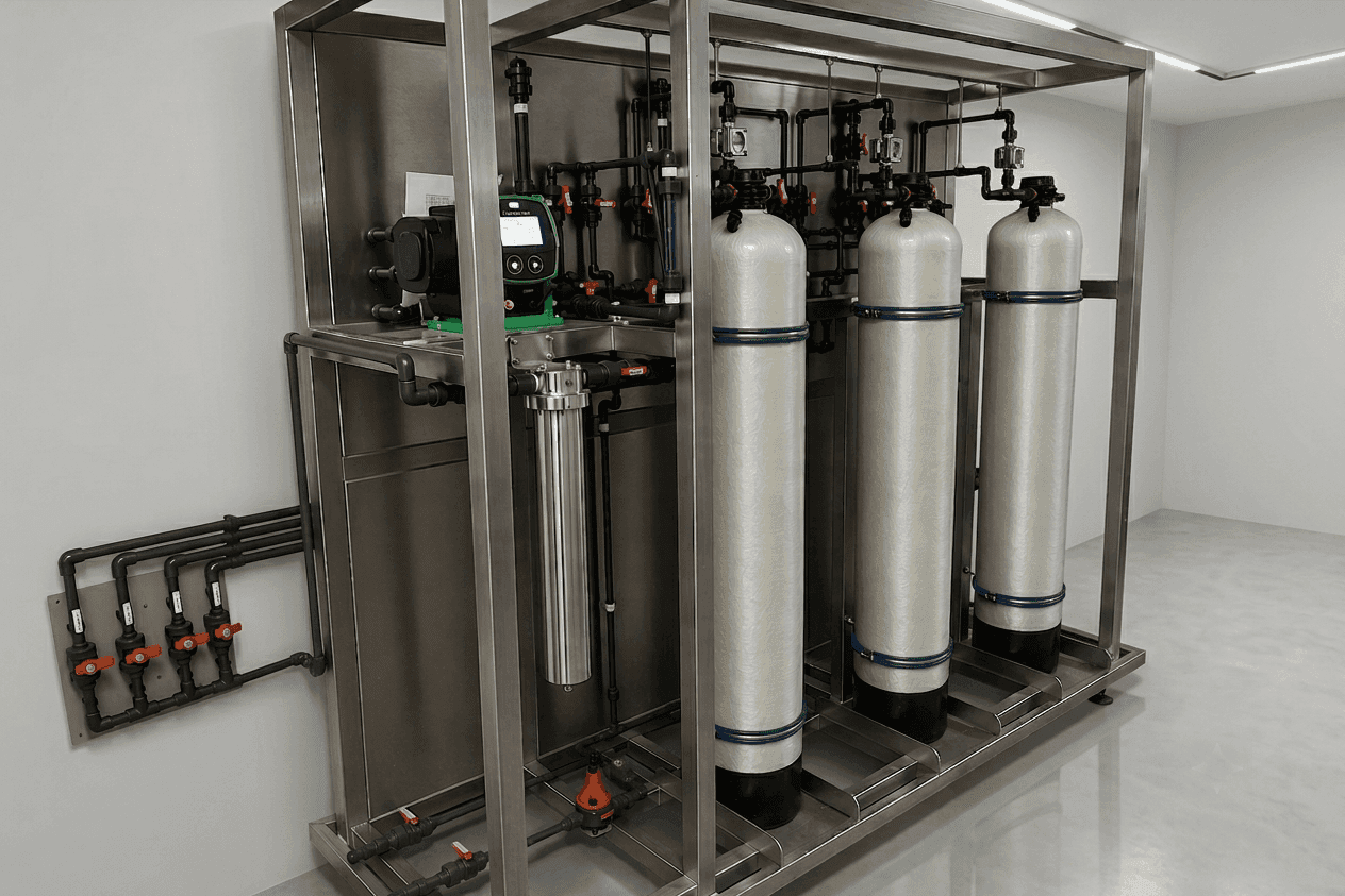 Stainless steel skid with three vertical scavenger columns, green dosing pump, filter housing, and black piping with orange valves in a clean facility